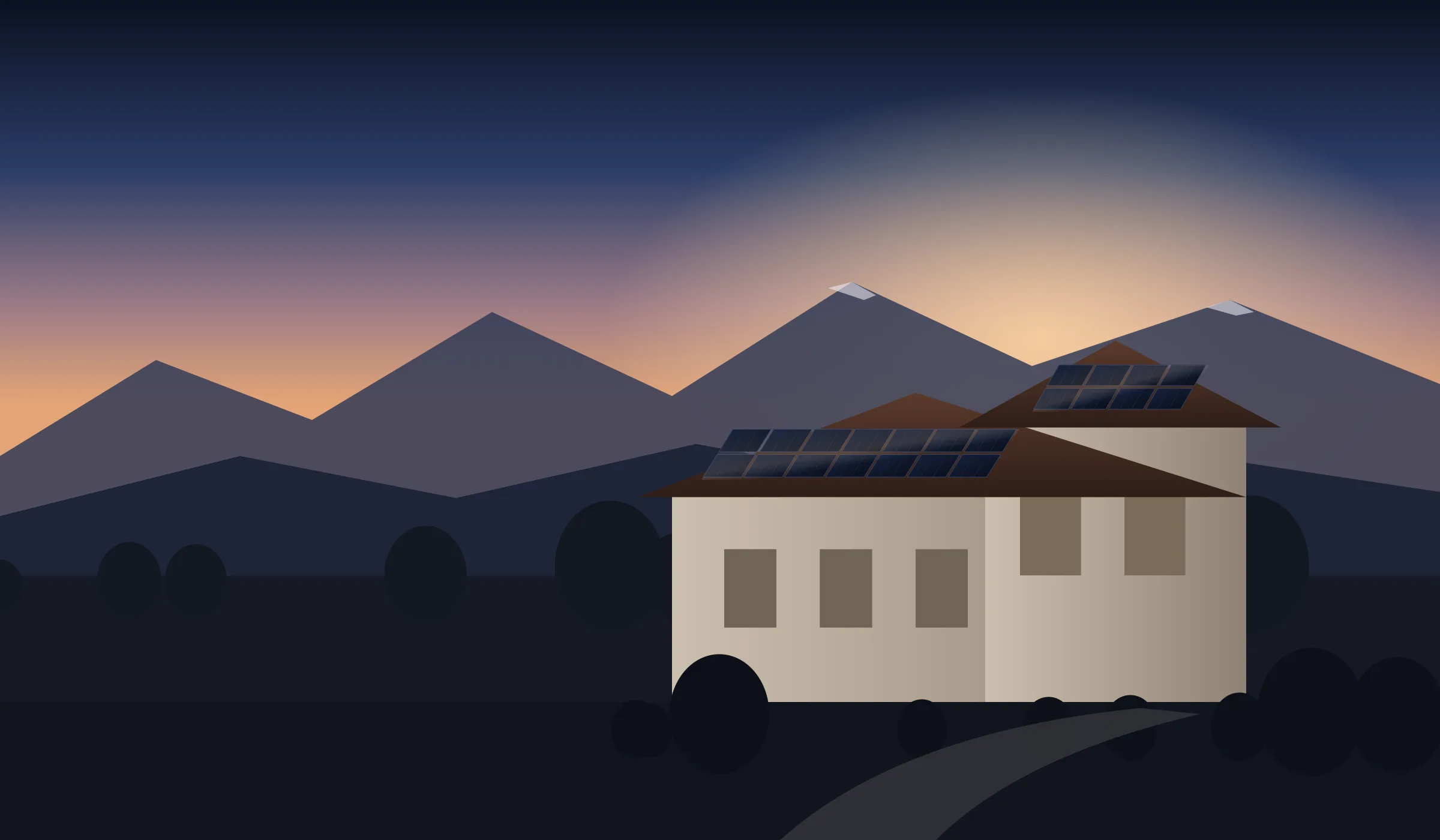 Illustration of a California hillside home with rooftop solar at dusk.