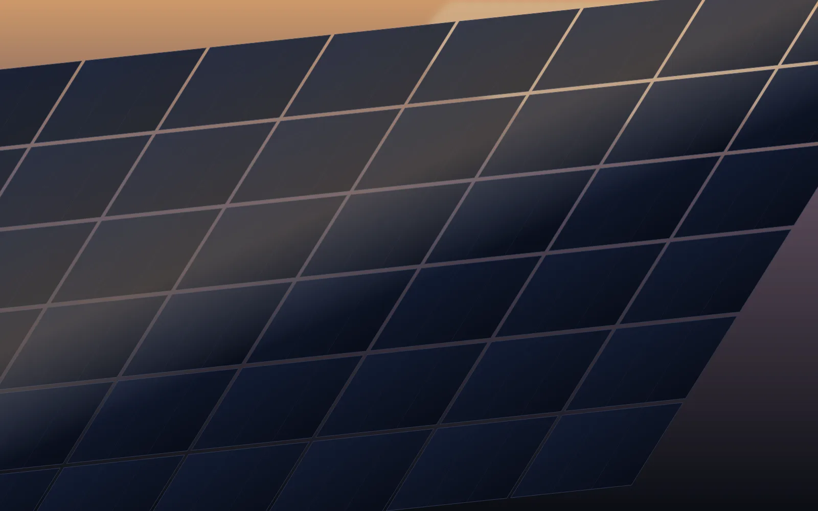 Illustration of all-black residential solar modules in late-afternoon light.